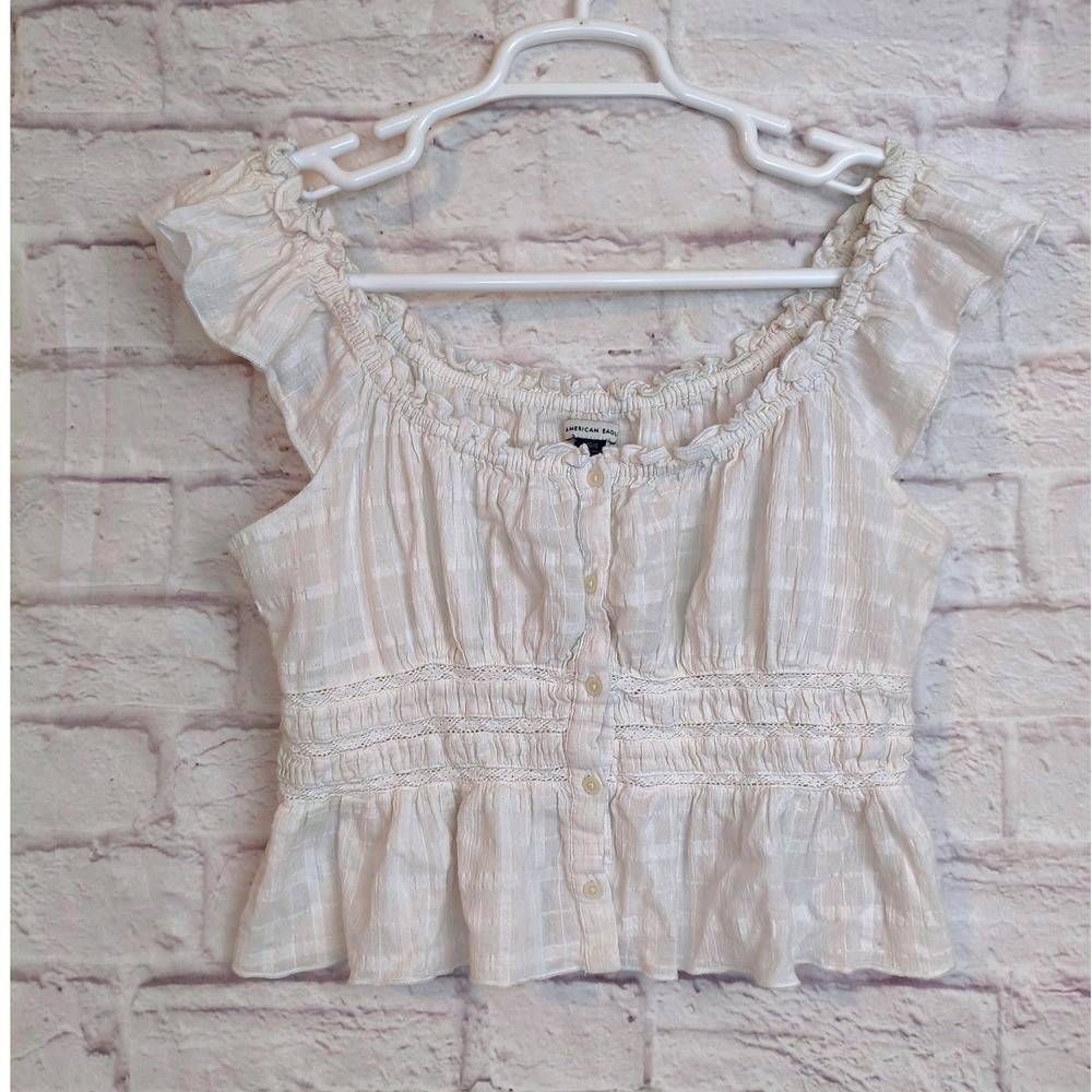 American Eagle White Cotton Ruffle Eyelet Button Front Crop Top Jrs L Boho Chic